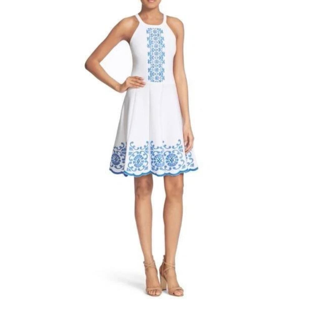 Parker Cheryl White Blue Embroidery Knit Halter Fit & Flare Preppy Coastal Dress - Picture 4 of 16